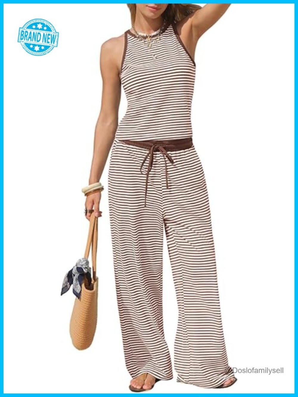 Womens 2 Piece Striped Outfit Cotton Lounge Set Wide Leg Pants Travel Vacation